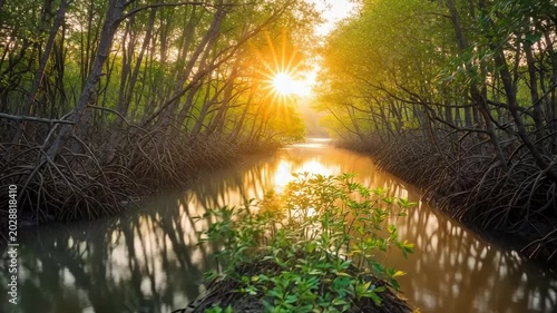 Mangrove forest with sunbeams shining through the trees
