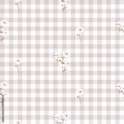 Gingham floral seamless pattern. Soft beige tartan plaid wallpaper. Retro tablecloth texture. Simple small checkered plaid pattern. Print for wrapping paper, fabric and textile. Vector illustration