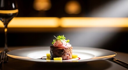 Beef Tartare Appetizer with Radish and Microgreens on a White Plate image photo