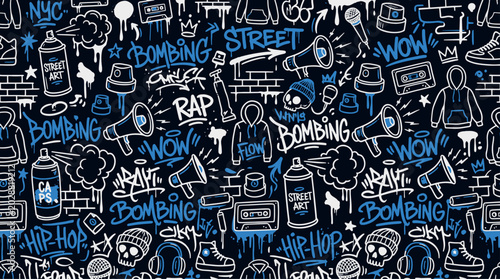 Valokuva Urban street art graffiti seamless pattern with hip hop elements spray cans snea