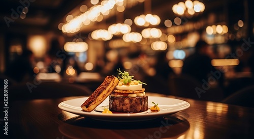 Gourmet steak and layered dessert presented on a white plate in a dimly lit restaurant gourmet food fine dining