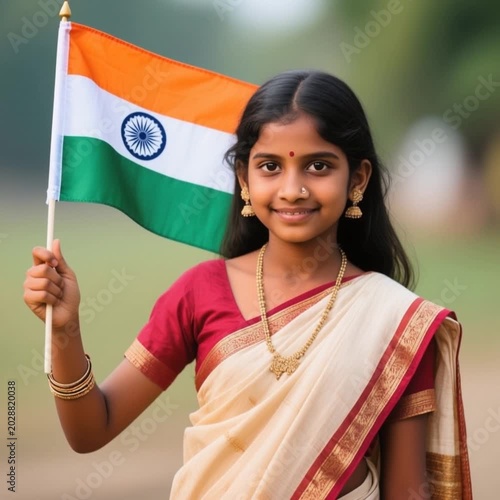 Young Indian girl smiling while holding Indian flag outdoors  