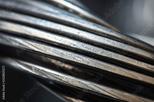 Closeup view of structures and textures of braided aluminum wire used in power grids