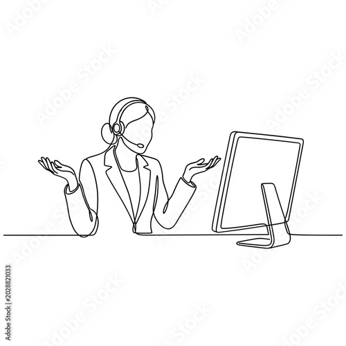 Photos Continuous line drawing of a customer service agent with headset and computer, expressing confusion
