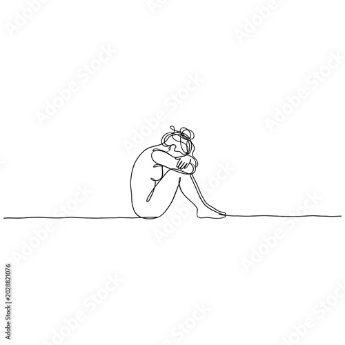 Canvas Print Minimalist Line Art: Woman curled up, conveying solitude and introspection on a white background