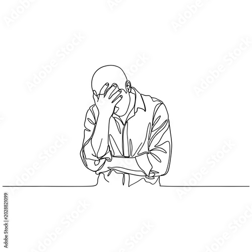 Foto Man Holding Head in Hand, One Line Drawing, Frustration and Stress