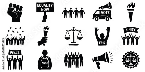 Black icons representing social justice, Equality, And activism on white background