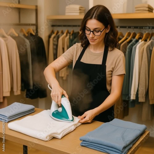 Young woman ironing clothes while organizing items in a clothing store  
