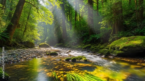 Sunlight streams through a lush, green forest with a clear river