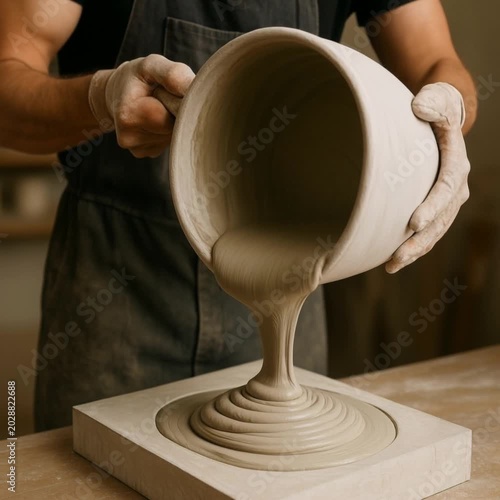 Potter pouring liquid clay into mold on workbench in studio  
