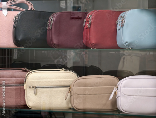Schilderij op canvas Small leather bags in various colors displayed behind glass in shop window