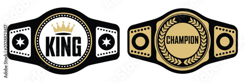 Foto Gold and Black Championship Belt Set Featuring King Crown and Globe Champion Emblems for Sports Trophy Victory Award Vector Design