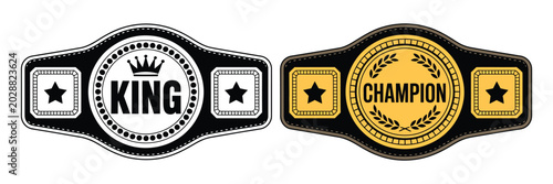Fotografie Gold and Black Championship Belt Set with Crown and Globe Symbols for Champion Title, Sports Victory, and Award Illustration