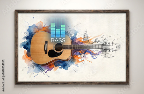 Framed artistic acoustic guitar illustration with watercolor splashes, sketch effects, and a digital bass equalizer overlay.