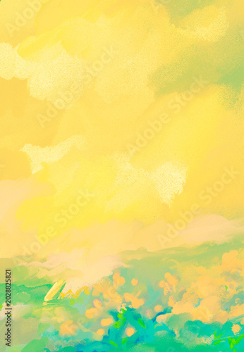 Impressionistic Sunshiny or Sunlit Sailboat Seascape Sailing Near Summer Flower Blooms on the Shoreline-Digital Art, Illustration, Painting in Cheerful Yellow, Orange & Green w/Paint & Canvas Texture 