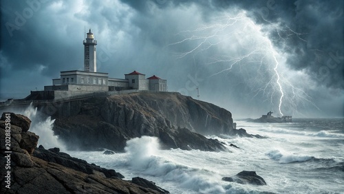 Lighthouse on Rocky Coast During Storm