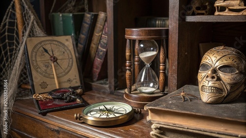 Vintage explorer desk with artifacts and tools