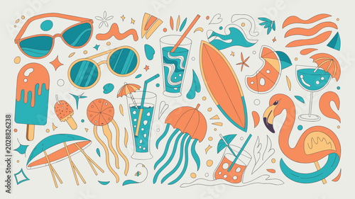 Summer beach doodle collection. Tropical vacation elements, fun vector illustration
