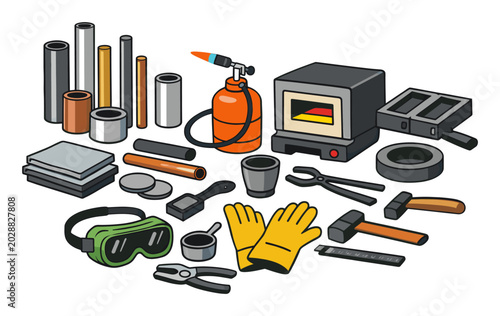 Array of metalworking equipment neatly organized, featuring a furnace, blowtorch, crucibles, molds, and safety gear