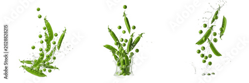 Fotografija Set of Fresh Green Peas with Water Splashes, Flying Pea Pods and Individual Seed