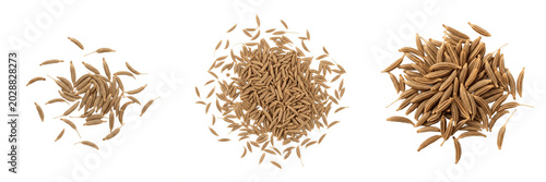 Obraz na płótnie Set of Three Piles of Dried Cumin Seeds, Organic Aromatic Spice Heap, Whole Cumi