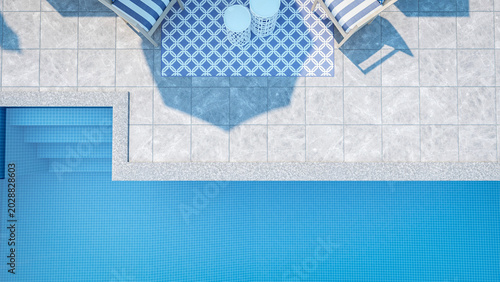 Top view of luxury rooftop swimming pool and modern patio lounge, 3D Rendering