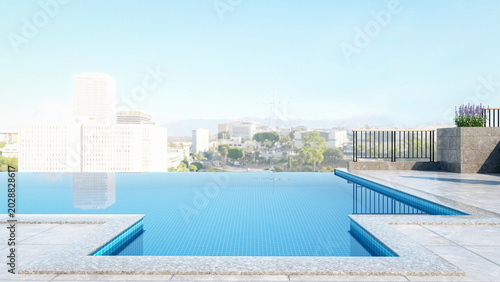 Foto Luxury rooftop swimming pool with modern terrace lounge and city view, 3D Render