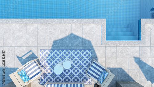 Top view of luxury rooftop swimming pool and modern patio lounge, 3D Rendering