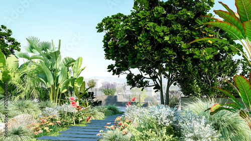 Luxury rooftop garden with tropical plants and stone pathway, 3d rendering