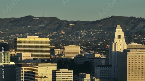 City Hall and Hollywood Hills and Sign Los Angeles Drone Aerial Footage