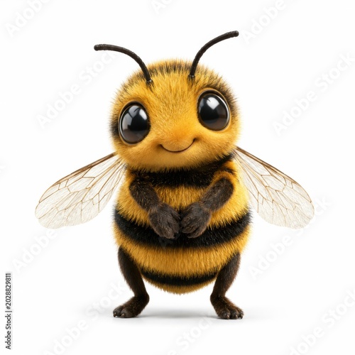 Cute fluffy cartoon bee character isolated on white background
