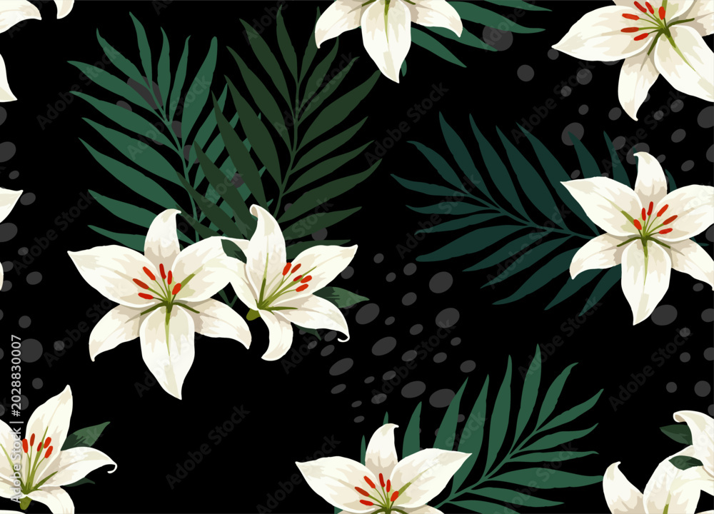 Obraz premium Seamless vector floral pattern. Drawing of white lily flowers and palm leaves on black background. Summer tropical design. Fashionable ornament for women clothing, fabric, textile, notepad, paper.
