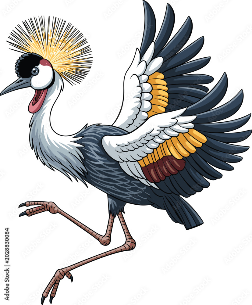 Naklejka premium A vibrant crowned crane jumping and dancing with its colorful wings spread wide in a joyful display of wildlife conservation