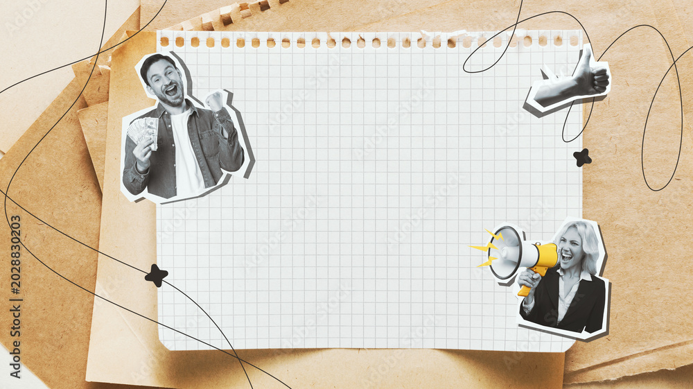 Fototapeta premium People are expressing excitement and presenting ideas in a collage format. The setting involves notes, sketches, and creative elements reflecting collaboration.