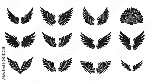 Bild auf Leinwand Elegant Black and White Stylized Wings Collection for Emblems and Designs, Featu