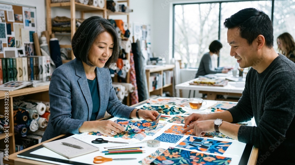 Fototapeta premium Focused Asian designers collaboratively reviewing fabric swatches on a light table in a creative studio, developing new textile patterns and fashion designs