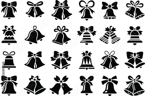 Christmas bells with ribbon bows vector icon set. holiday jingle bells in cartoon style