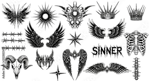 Valokuva Cyberpunk Y2K tattoo flash set, gothic chrome wings and tribal ornaments, dark a