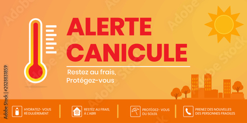 Cuadro en lienzo Flat heatwave warning banner in french ALERTE CANICULE, RESTEZ AU FRAIS, PROTEGEZ-VOUS with thermometer, sun, summer recommendation