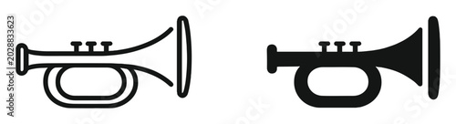 Foto Outline and solid trumpet icons set, musical instrument symbols with valves and