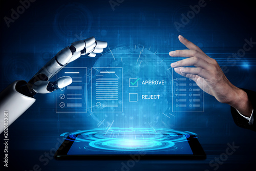 Schilderij op canvas A close-up view of a robotic hand and a human hand reaching towards a digital tablet featuring options for approval and rejection in a tech-savvy environment