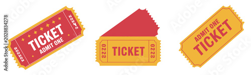Tableau sur toile Ticket icon set featuring movie show tickets, cinema admit one coupons, and entrance pass symbols in modern flat vector illustration style