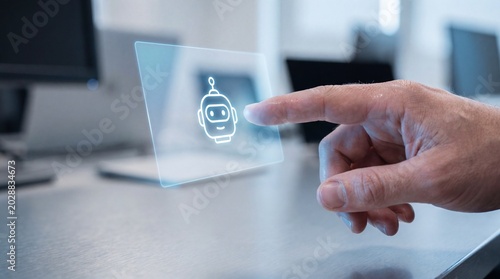 A person's finger touches a glowing digital chatbot icon on a holographic screen, representing artificial intelligence, machine learning, and modern technology.