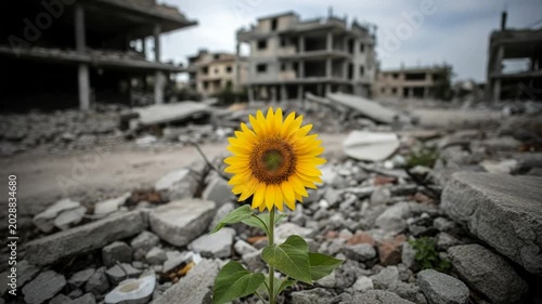 Single sunflower blooms amidst wartorn destruction
