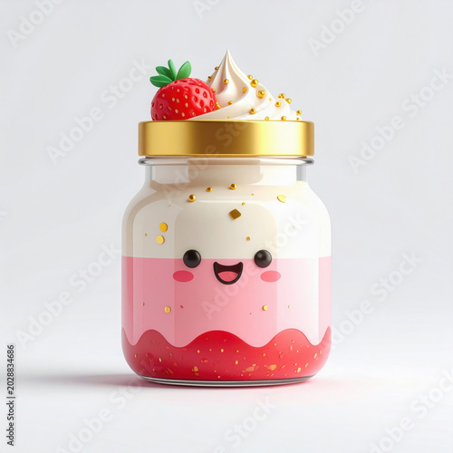 Cute and festive dessert in jar features layers of pink and white cream topped with strawberry and sprinkles, creating kawaii appearance