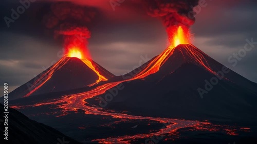 Two active volcanoes erupting with lava flow