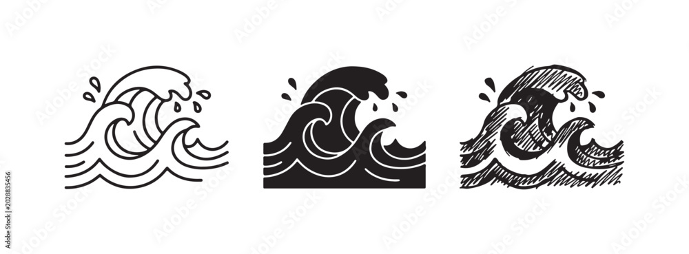 Fototapeta premium Ocean Waves Icon Set in Outline, Solid, and Doodle Styles