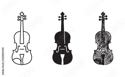 Slika na platnu Three Violin Icons in Outline, Solid Black, and Sketchy Doodle Styles