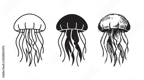 Fényképezés Jellyfish Icons Set: Marine Animal in Outline, Solid, and Sketchy Doodle Styles