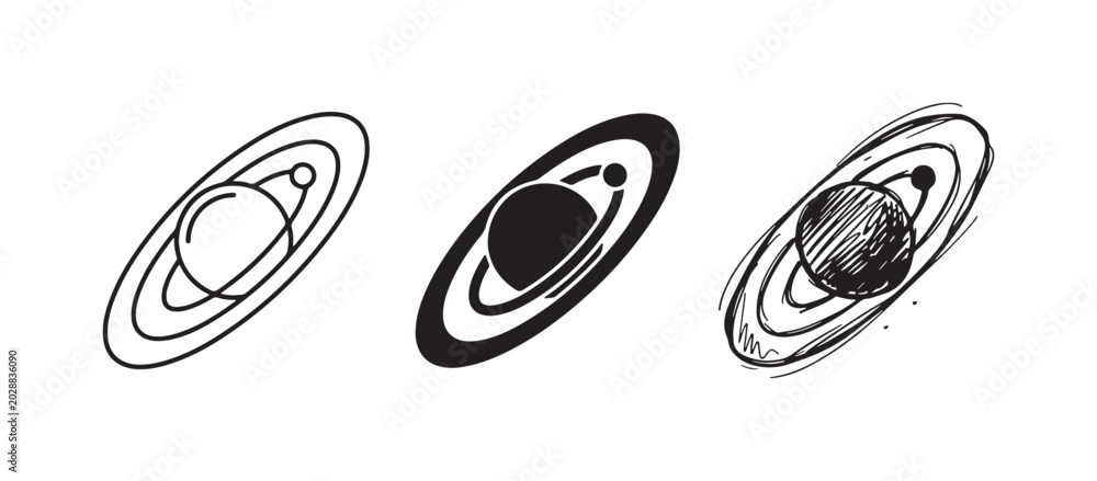 Fototapeta premium Planet with Rings and Orbital Path Icon Set in Line Art, Silhouette, and Sketch Styles